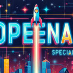 Colorful futuristic illustration with a rocket launching over a neon-lit cityscape, highlighting the word "OpenAI."