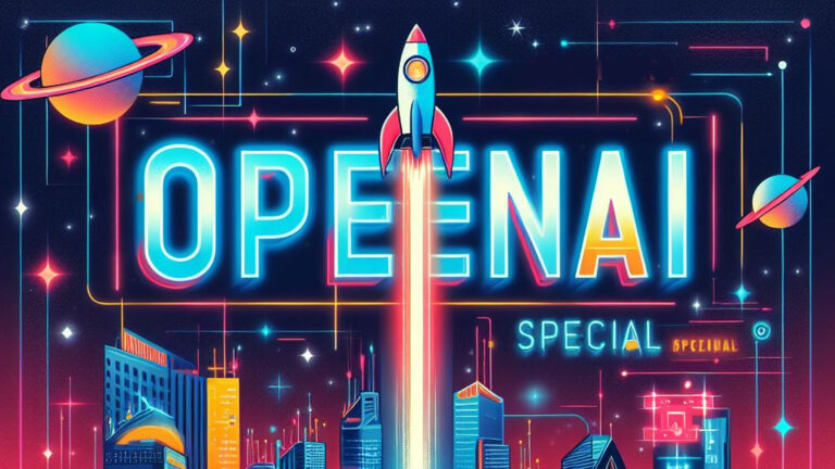 Colorful futuristic illustration with a rocket launching over a neon-lit cityscape, highlighting the word "OpenAI."