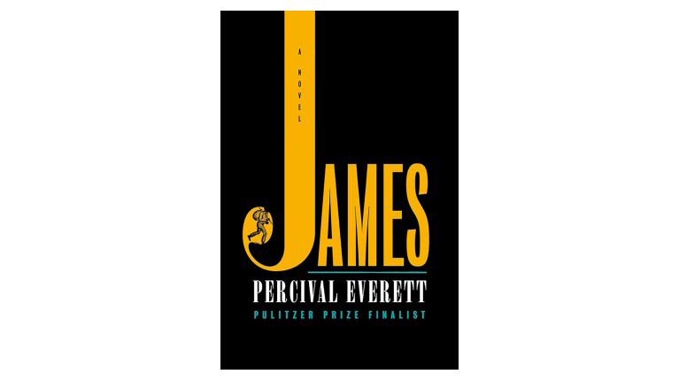 Book cover of 'James' by Percival Everett, with large yellow text and a silhouette of a man on a black background.