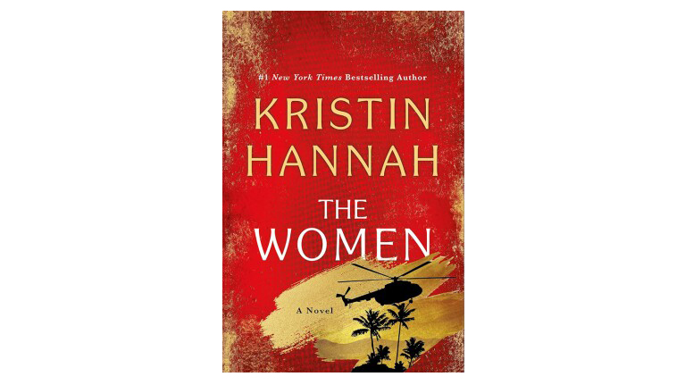 Book cover of 'The Women' by Kristin Hannah, featuring a helicopter flying over a jungle with a red and gold background.