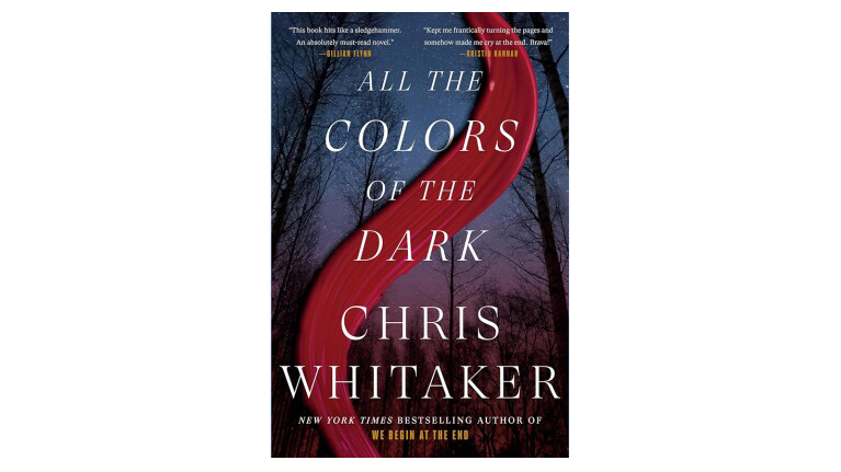 Book cover of 'All the Colors of the Dark' by Chris Whitaker, with a red ribbon flowing across a dark, eerie landscape.