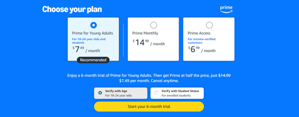 Amazon Prime pricing options for young adults, monthly plans, and income-verified customers