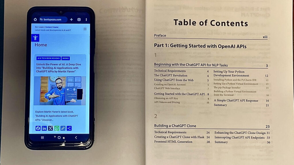 Smartphone displaying a blog post about the book 'Building AI Applications with ChatGPT APIs' next to the book's Table of Contents.