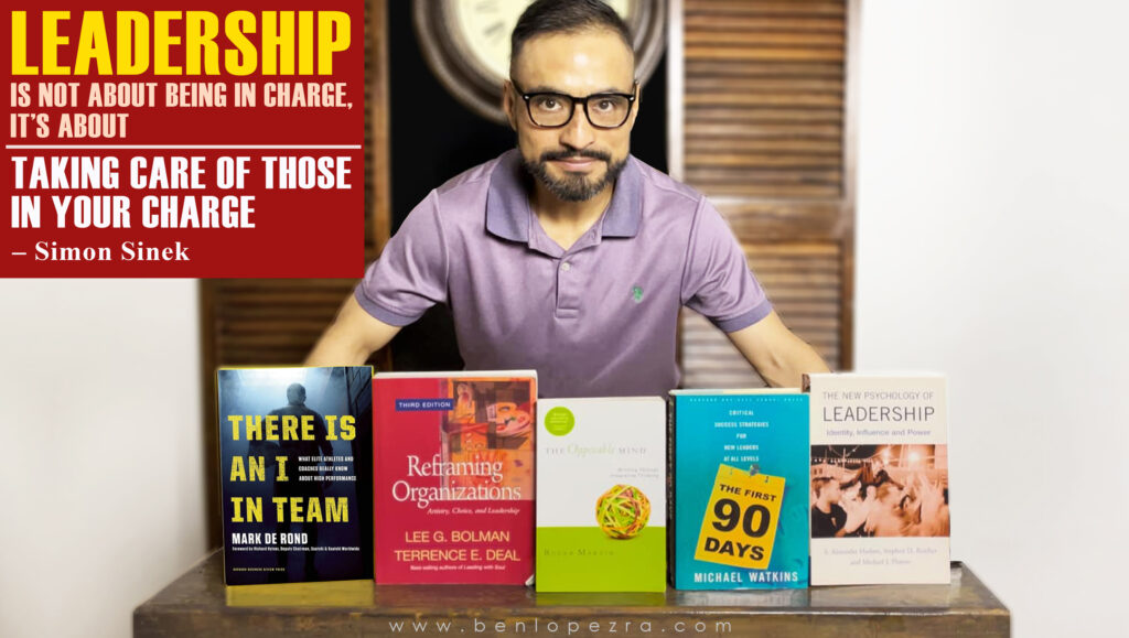 Man showcasing five leadership books, with a motivational quote by Simon Sinek about leadership displayed on the left side of the image.