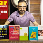 Man showcasing five leadership books, with a motivational quote by Simon Sinek about leadership displayed on the left side of the image.