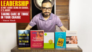 Man showcasing five leadership books, with a motivational quote by Simon Sinek about leadership displayed on the left side of the image.